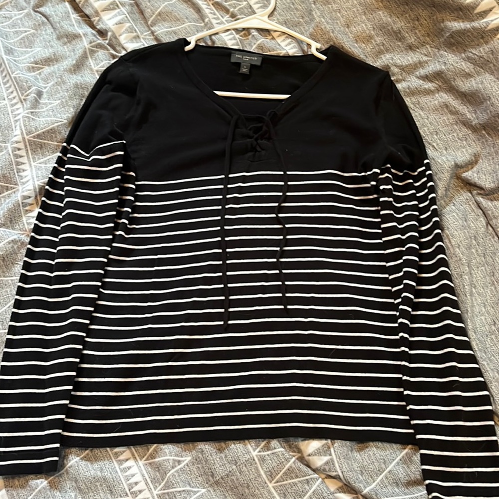 The Limited, Black, Black & White Stripes Sweater/Long-Sleeve, Laced V